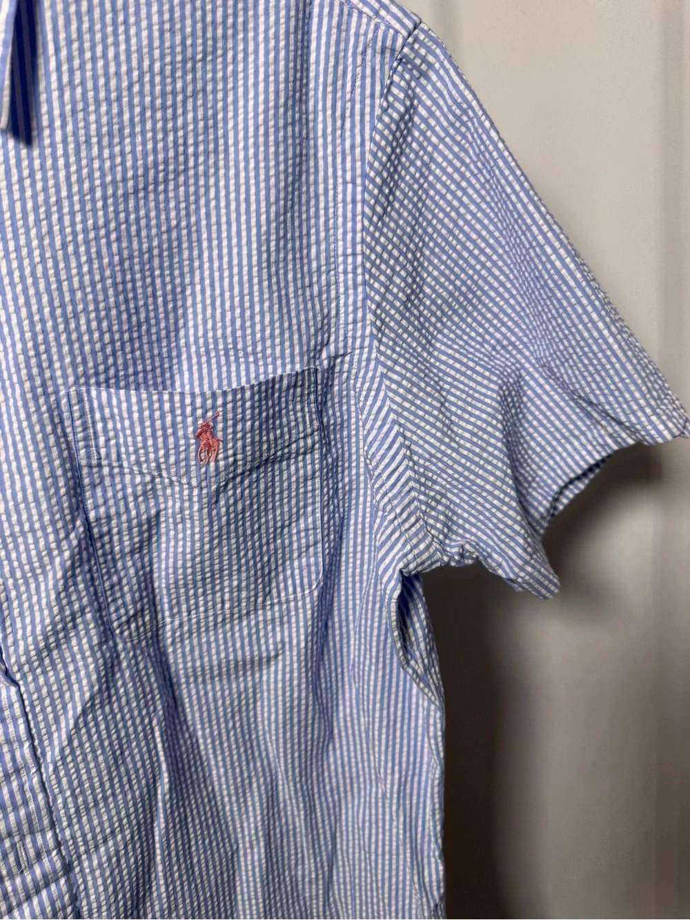 Polo Ralph Lauren Shirt Men Large Blue Untucked Fit Seersucker Short Sleeve